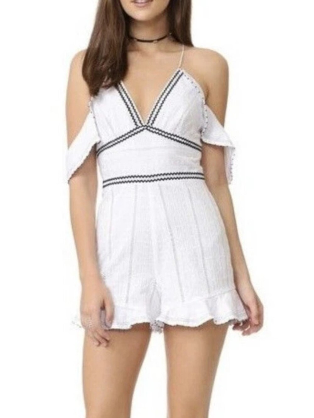 SAYLOR Shayna White Revolve Embroidered Romper M Strappy Ruffle Cold Shoulder